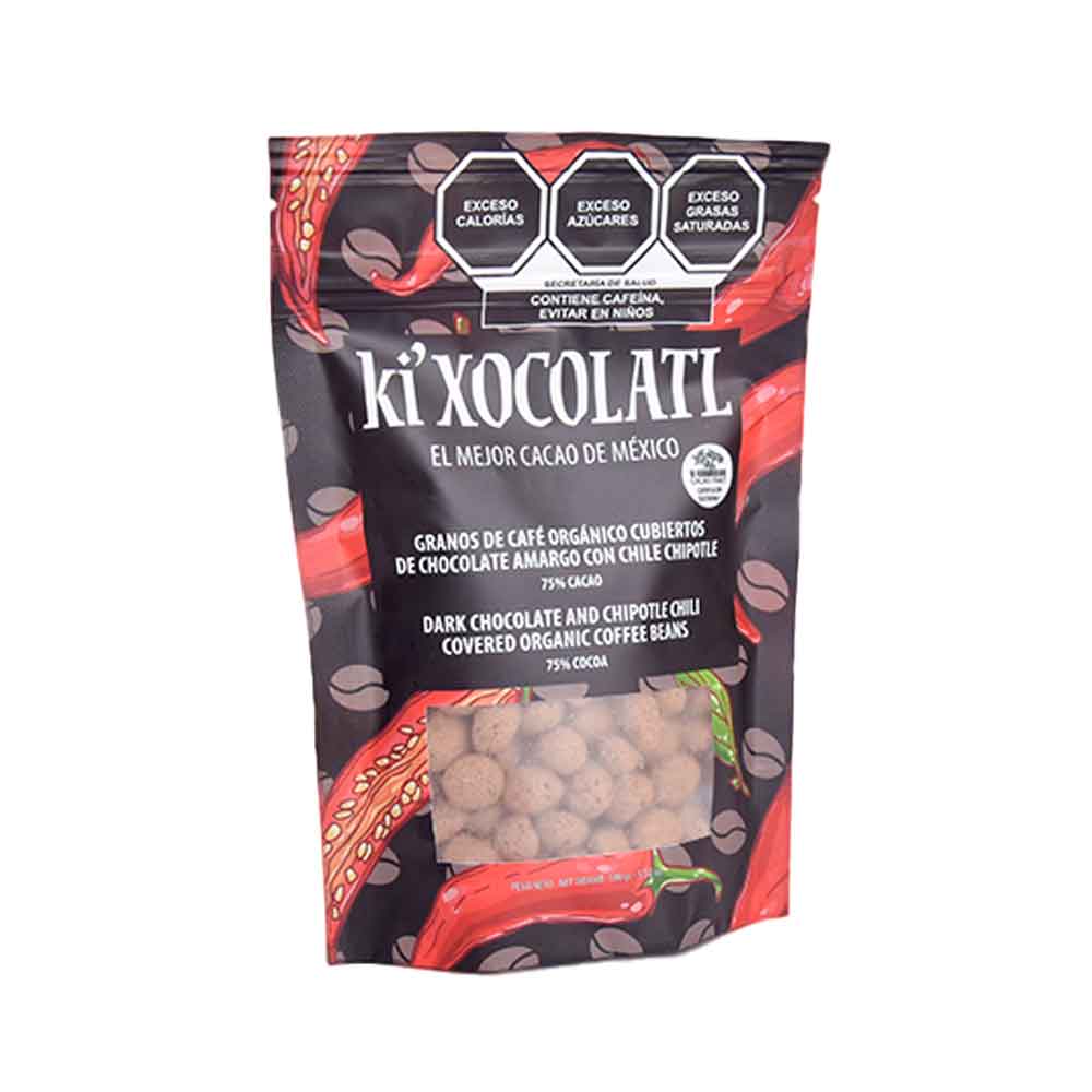 KI'XOCOLATL COFFEE BEANS COVERED IN SEMI-BITTER CHOCOLATE WITH MEXICAN SPICES, GLUTEN FREE, HEAVY METAL FREE, ORGANIC, CACAO TRACE, 100% PURE CRIOLLO CACAO