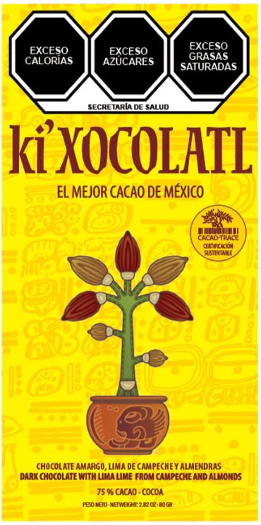 SEMI-BITTER CHOCOLATE WITH LIME FROM CAMPECHE AND ALMONDS, GLUTEN FREE, HEAVY METAL FREE, ORGANIC, CACAO TRACE, 100% PURE CRIOLLO CACAO