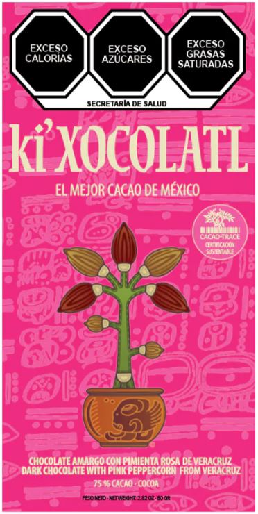 SEMI-BITTER CHOCOLATE WITH PINK PEPPERCORN FROM VERACRUZ, GLUTEN FREE, HEAVY METAL FREE, ORGANIC, CACAO TRACE, 100% PURE CRIOLLO CACAO