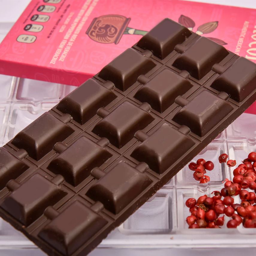 SEMI-BITTER CHOCOLATE WITH PINK PEPPERCORN FROM VERACRUZ, GLUTEN FREE, HEAVY METAL FREE, ORGANIC, CACAO TRACE, 100% PURE CRIOLLO CACAO